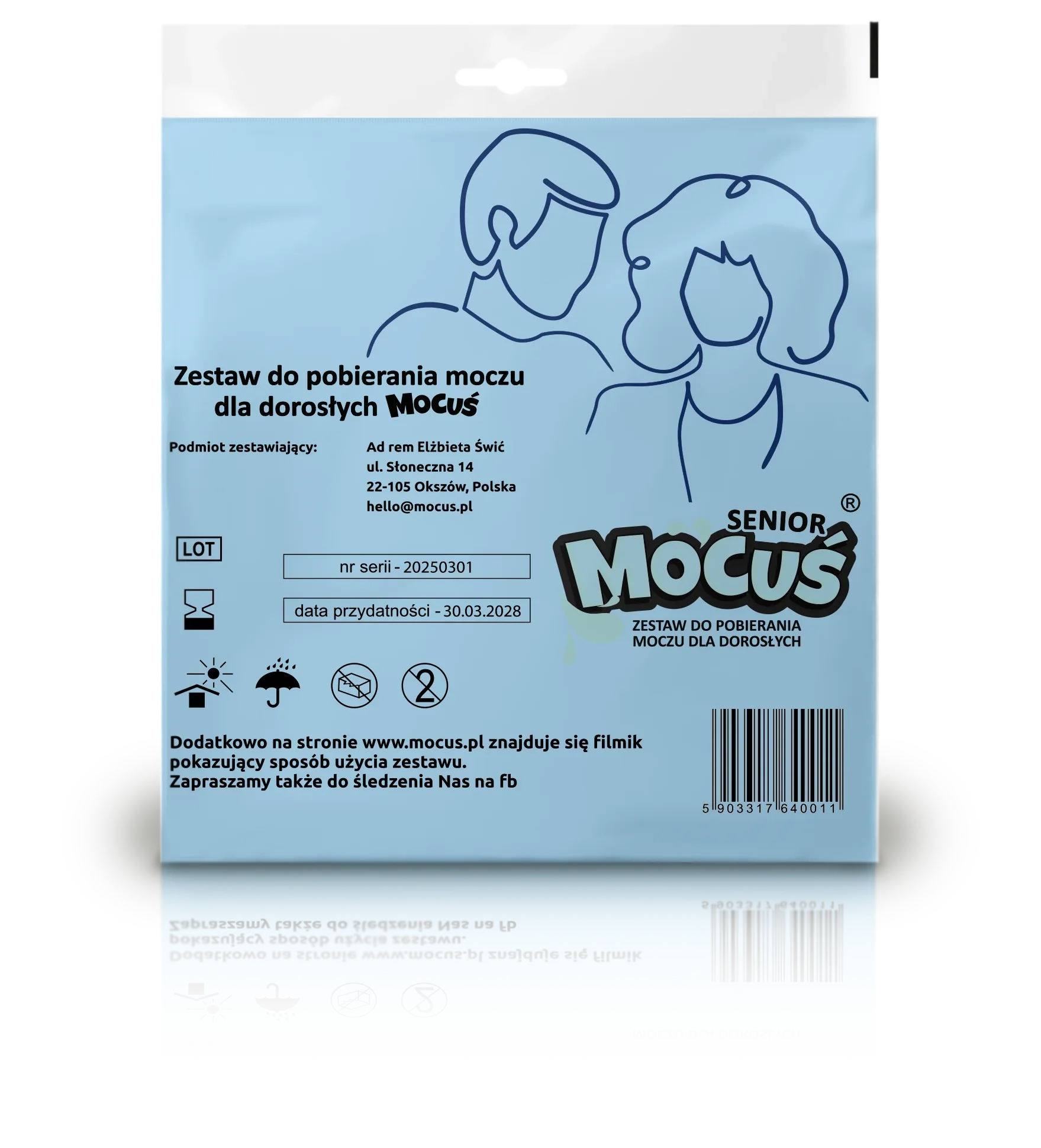 Zdjęcie przedstawia opakowanie produktu medycznego "Mocuś Senior", przeznaczonego do pobierania moczu u dorosłych. Na górze opakowania, na czarnym tle, znajduje się logo z dwiema postaciami, prawdopodobnie starszymi ludźmi, narysowanymi niebieską kreską. Poniżej widnieje napis "Zestaw do pobierania moczu dla dorosłych MOCUŚ".