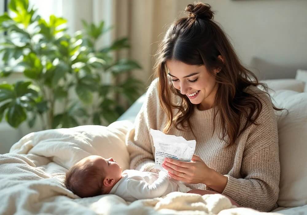 Na zdjęciu widzimy kobietę siedzącą na łóżku, uśmiechniętą i trzymającą w rękach opakowanie, podczas gdy obok niej leży niemowlę ubrane na biało. Scena rozgrywa się w przytulnej, jasno oświetlonej sypialni z miękką pościelą i dużą zieloną rośliną w tle. Kobieta ma długie, falowane brązowe włosy i nosi beżowy sweter.