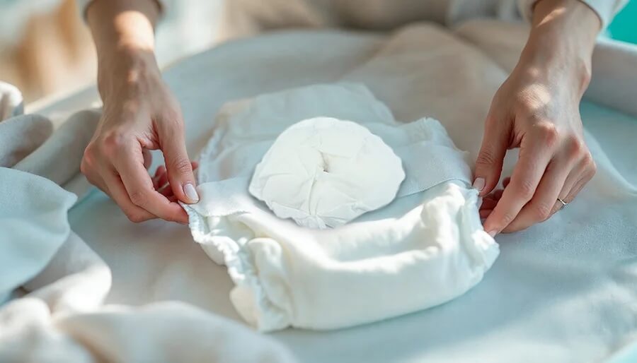 Na zdjęciu widzimy dłonie kobiety przygotowujące pieluchę na miękkim podłożu, prawdopodobnie na przewijaku. Pielucha jest rozłożona na płasko, a w jej centralnej części umieszczono okrągły, chłonny wkład. Gesty dłoni sugerują moment dopasowywania lub układania materiału przed założeniem dziecku.